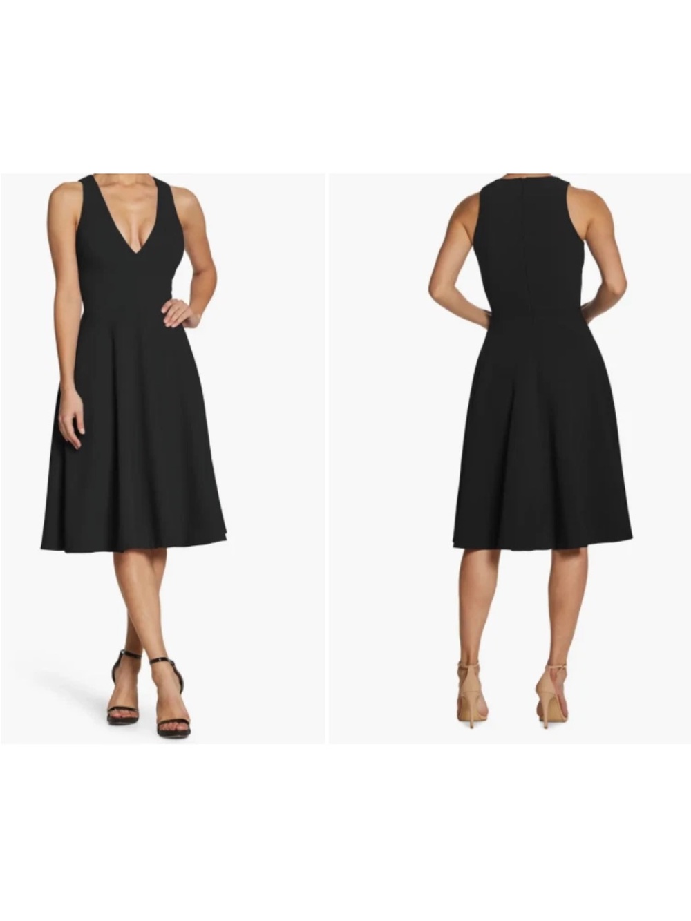 Dress the Population Black V-Neck Midi Fit-and-Flare Dress Catalina